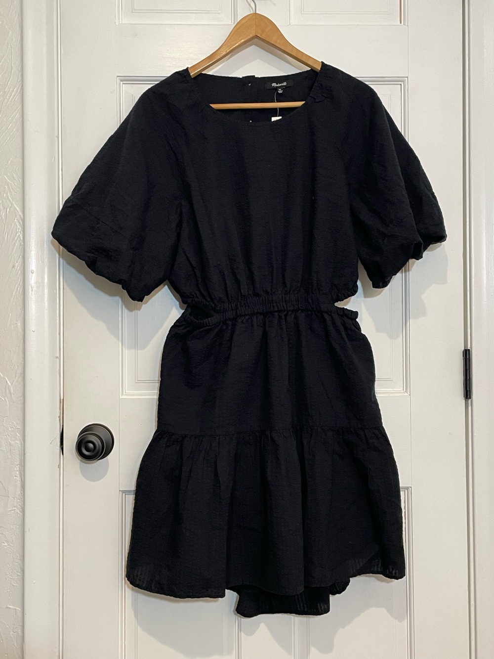 NWT Madewell Black Seersucker Puff-Sleeve Cutout Mini Dress Sz XL cotton